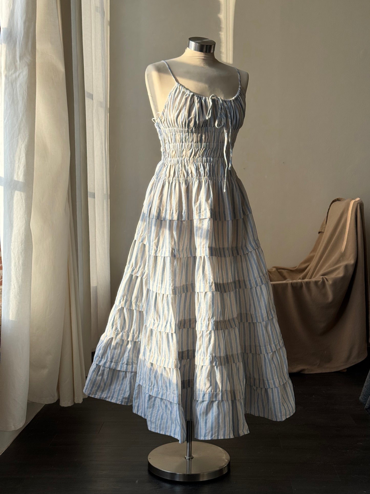 Laura Cotton Tiered Striped Midi Dress In Powder