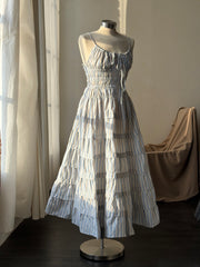 Laura Cotton Tiered Striped Midi Dress In Powder