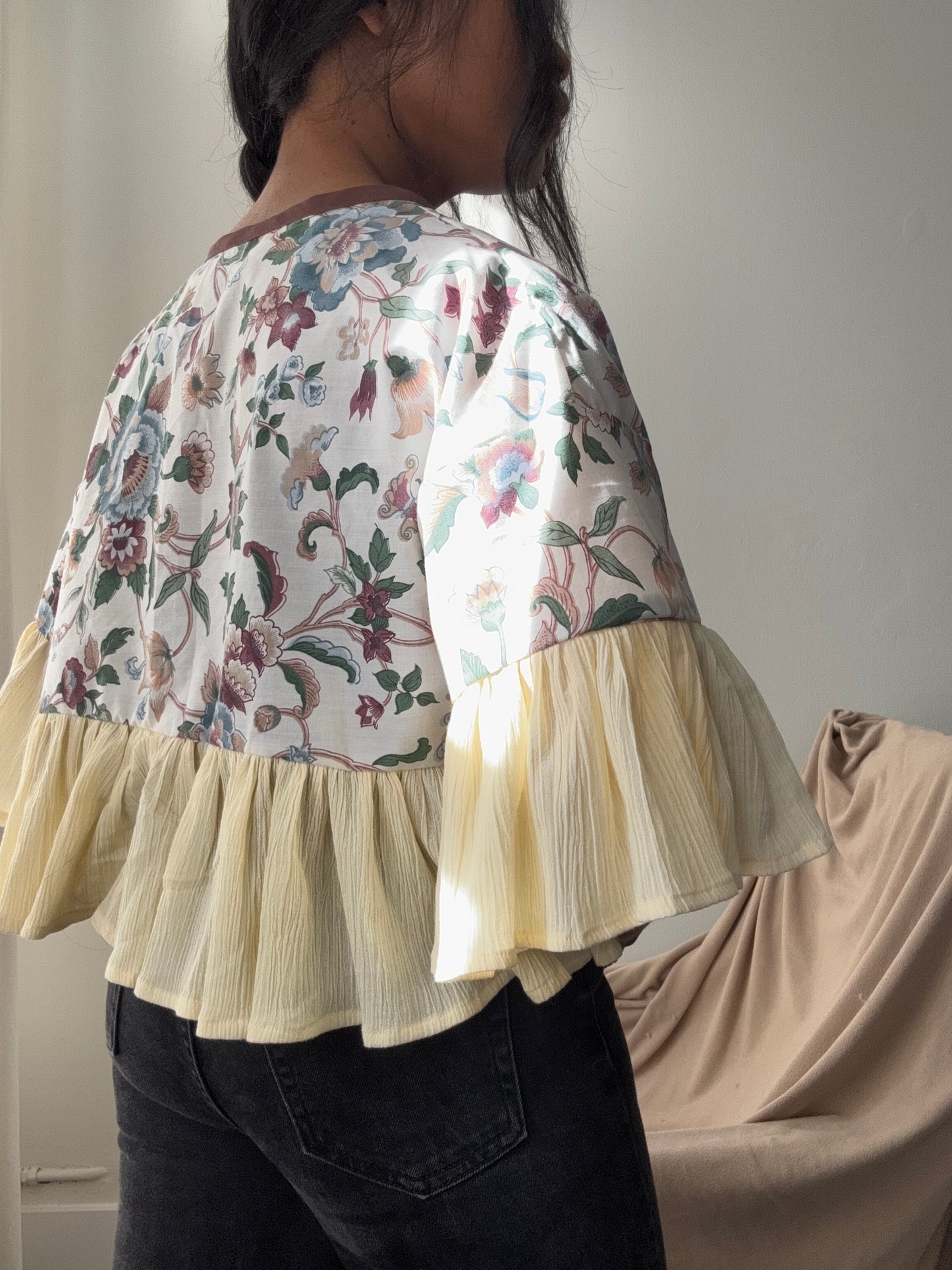 Joyce Cotton Handmade Floral & Ruffle Top In Vintage Cream