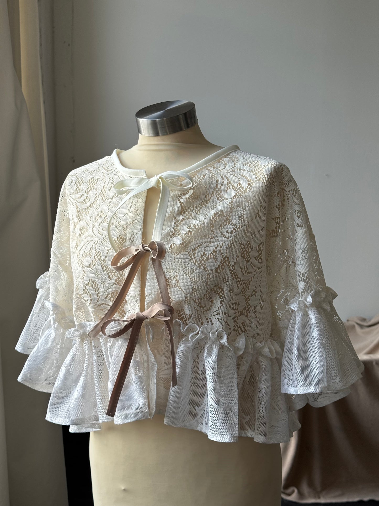 Eliza Two Tone Vintage Lace Handcrafted Ruffle Top In Napoleon