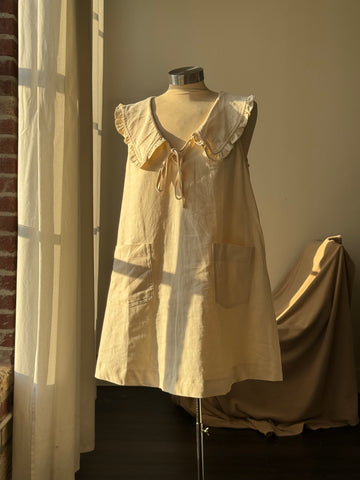 Tiffany Ruffle Collar Cotton Dress In Cream￼