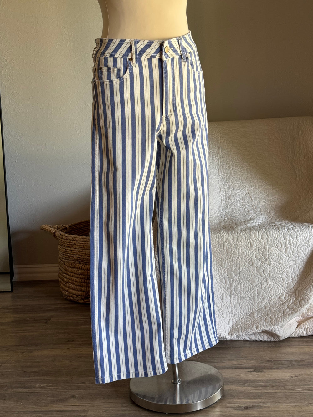 Clarice Cotton Striped Classic Straight Denim In Vintage Blue