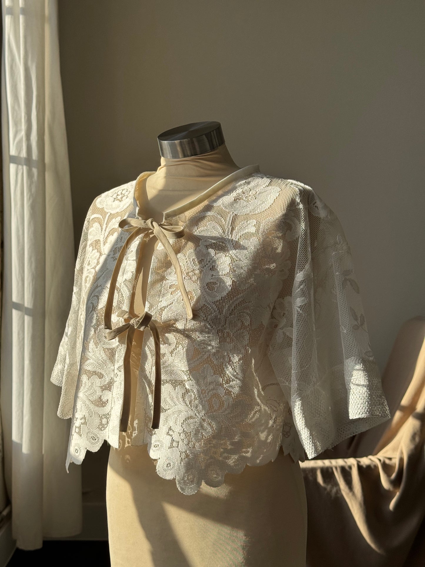 Roberta Handcrafted Vintage Lace Tie Top In Ivory