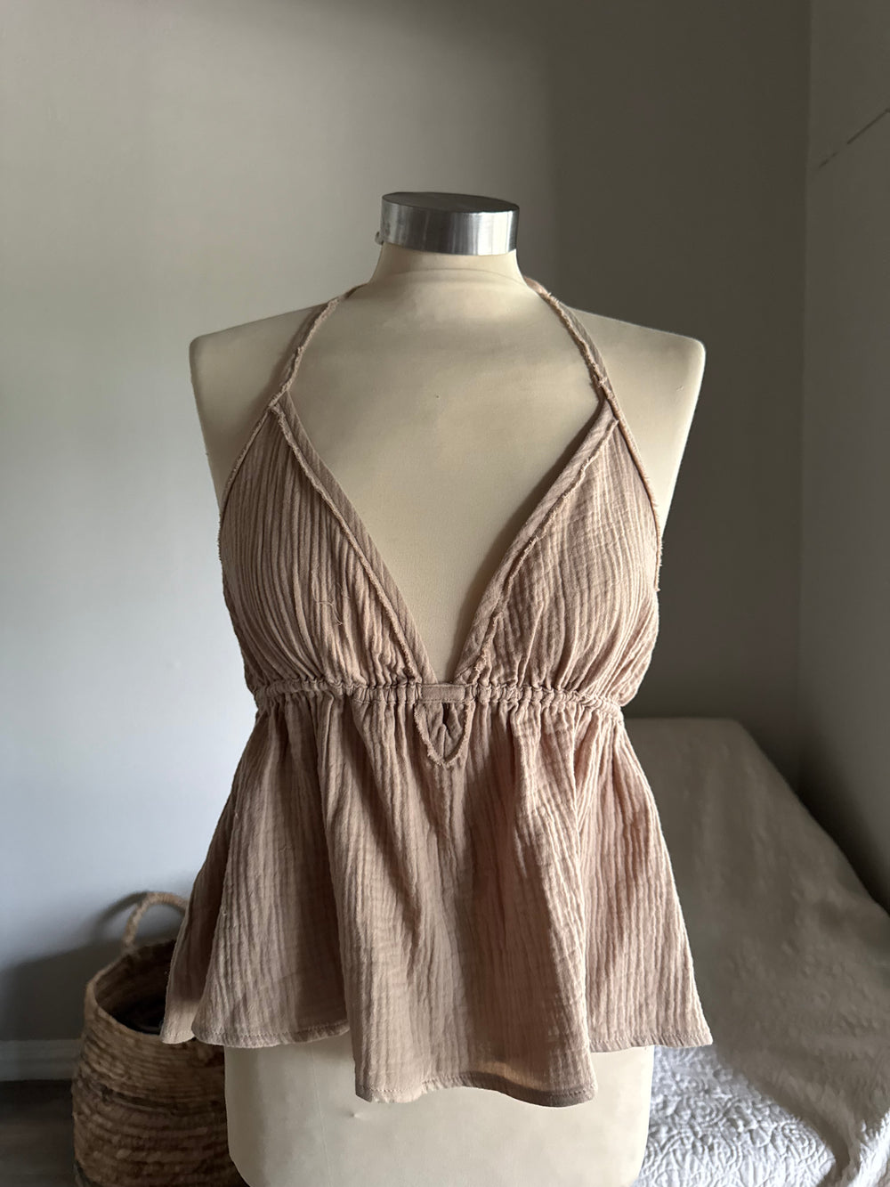 Marcia Cotton Gauze Halter Top In Taupe