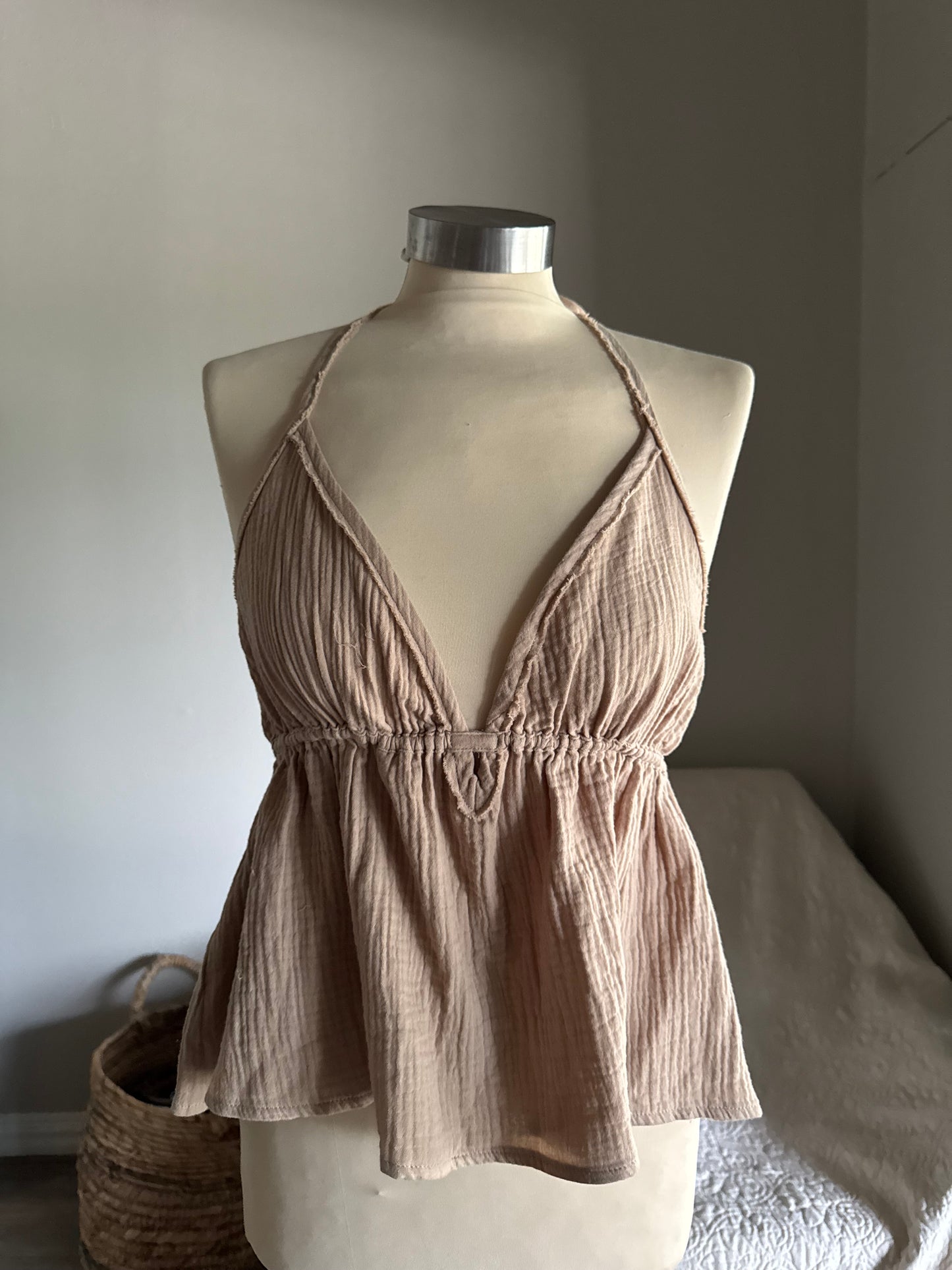 Marcia Cotton Gauze Halter Top In Taupe