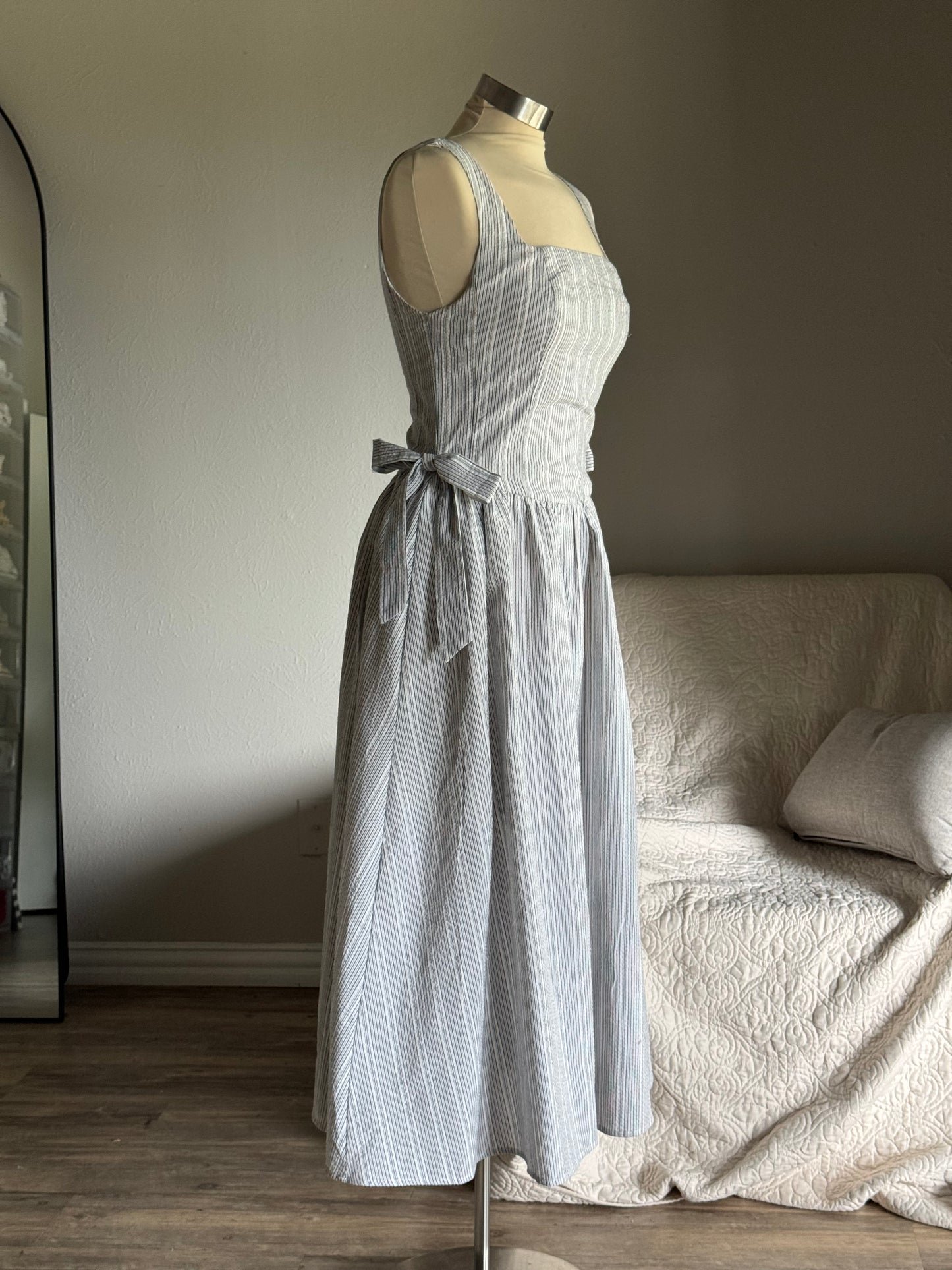 Harly Cotton Striped Side Tie Midi Dress In Ash￼