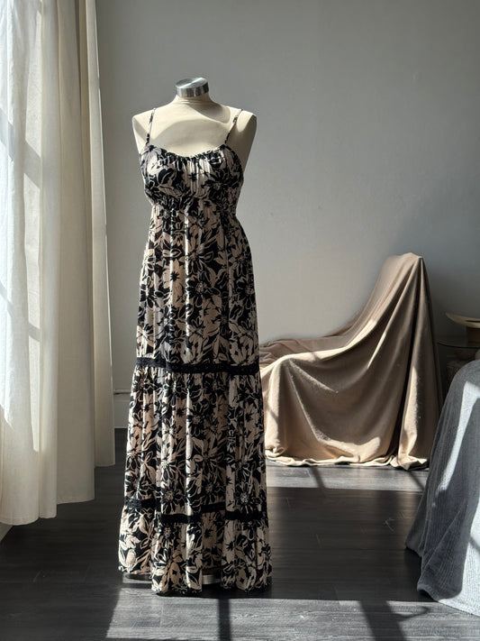 Floral Tired Maxi Dress In Black Taupe