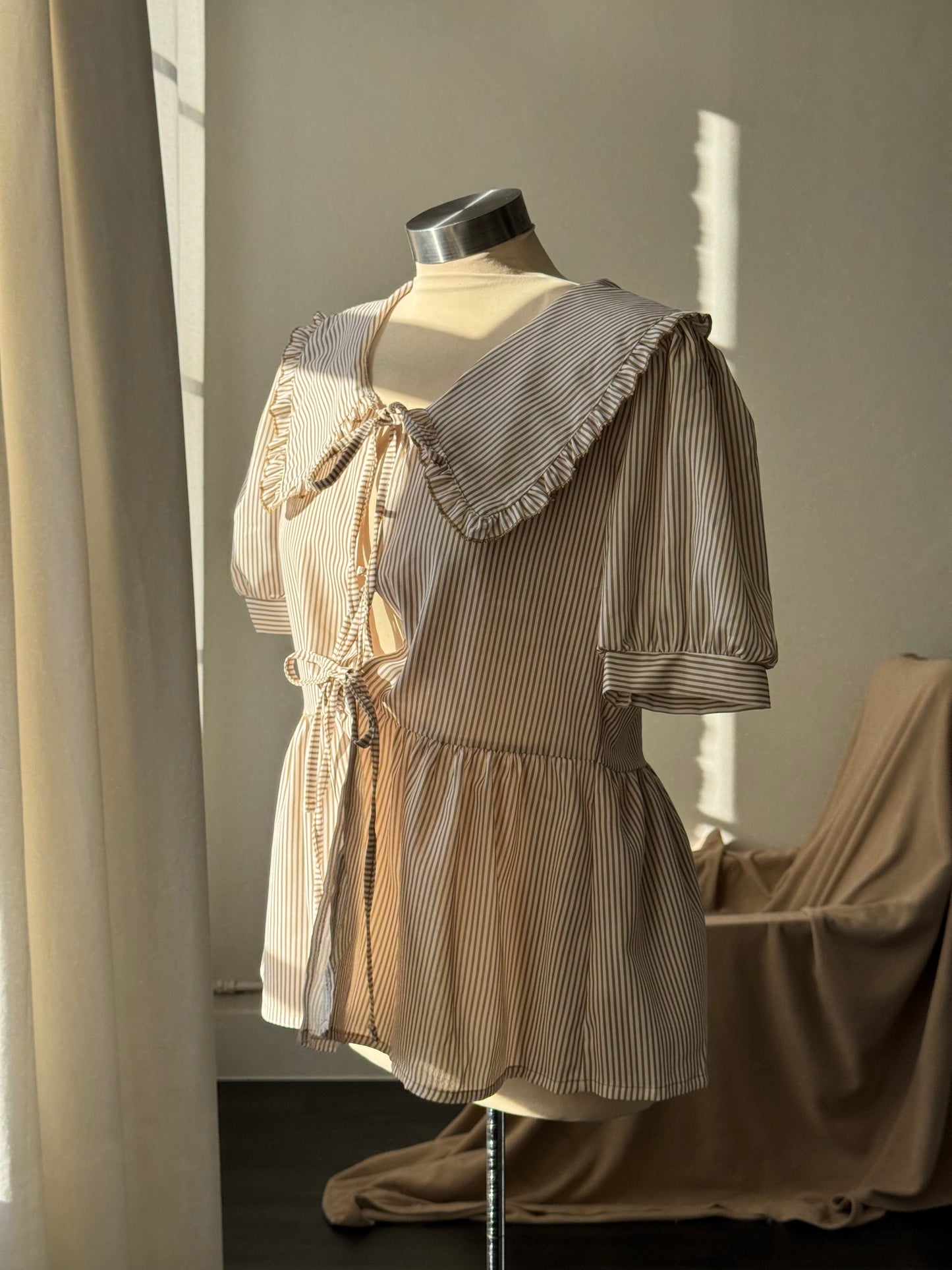 Terry Cotton Striped Tie Front Ruffle Collar Top In Brown