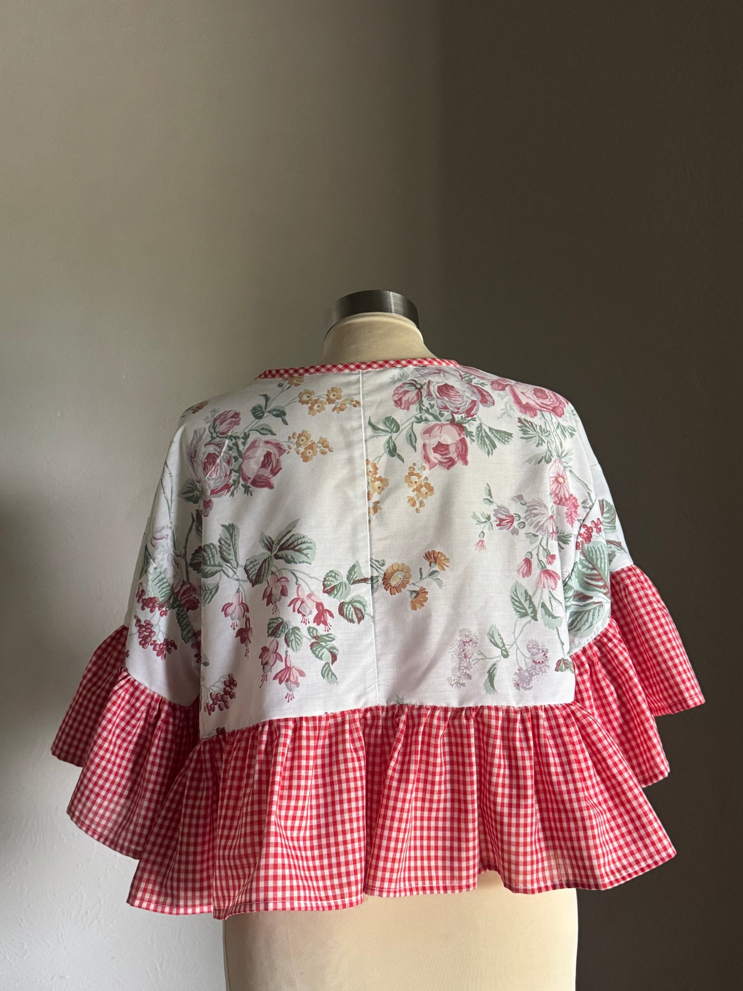 Joycie Vintage Handcrafted Gingham Floral Ruffle Top