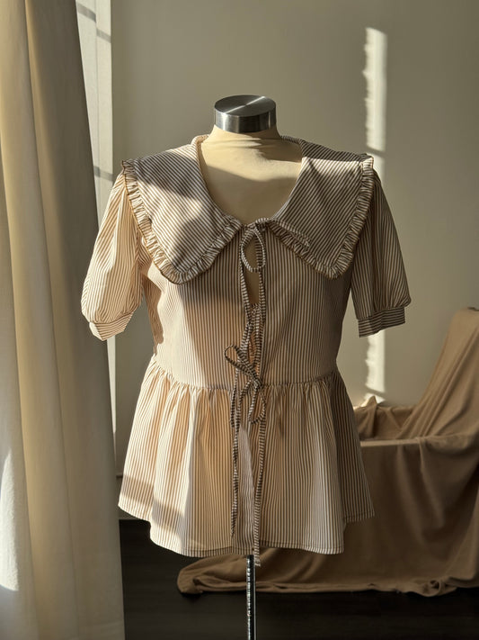Terry Cotton Striped Tie Front Ruffle Collar Top In Brown
