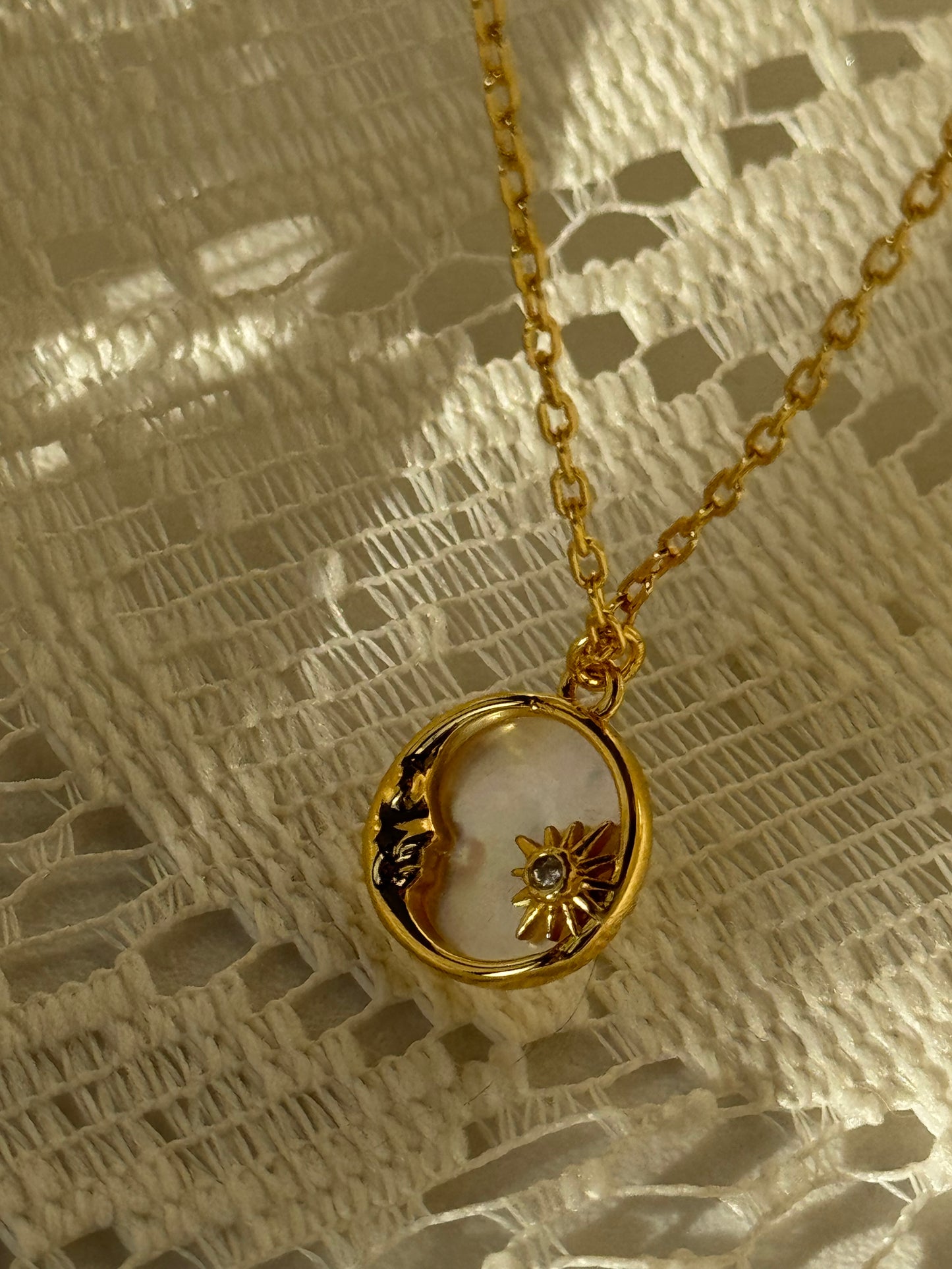 Star & Moon Mother Of Pearl Charm Necklace In Gold￼