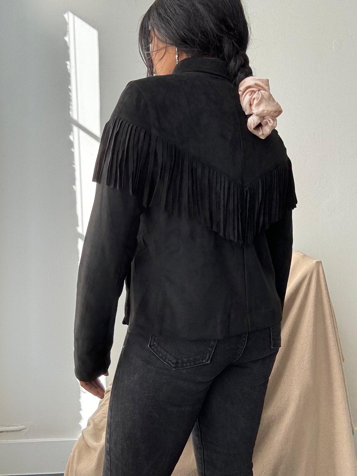 Brooks Cropped Fringe Suede Modern Western Shacket In Black