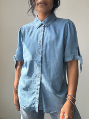Carolyn Tie Sleeve Button Down Denim Shirt In Med Wash