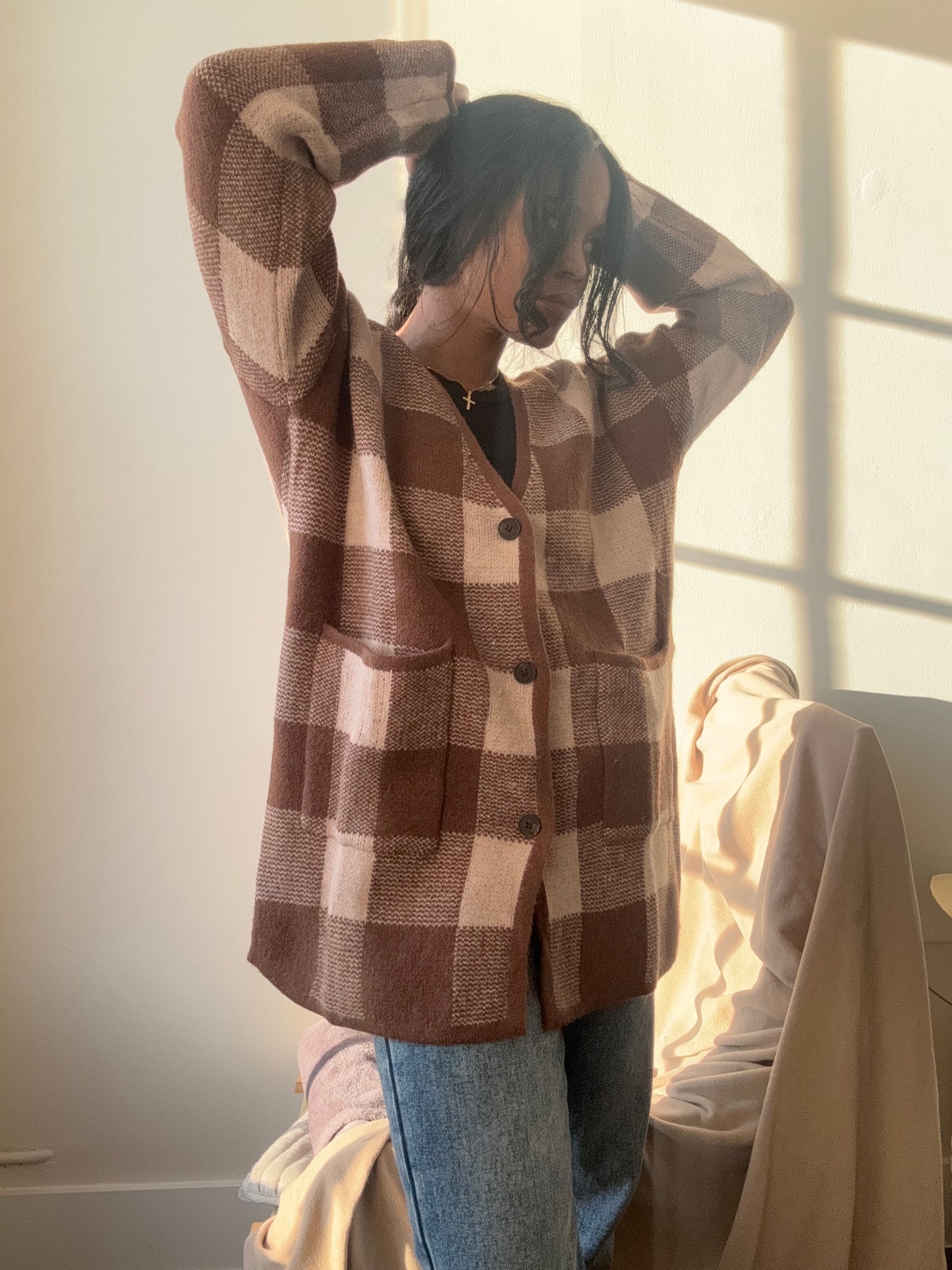 Sadie Plaid Check Sweater In Mocha