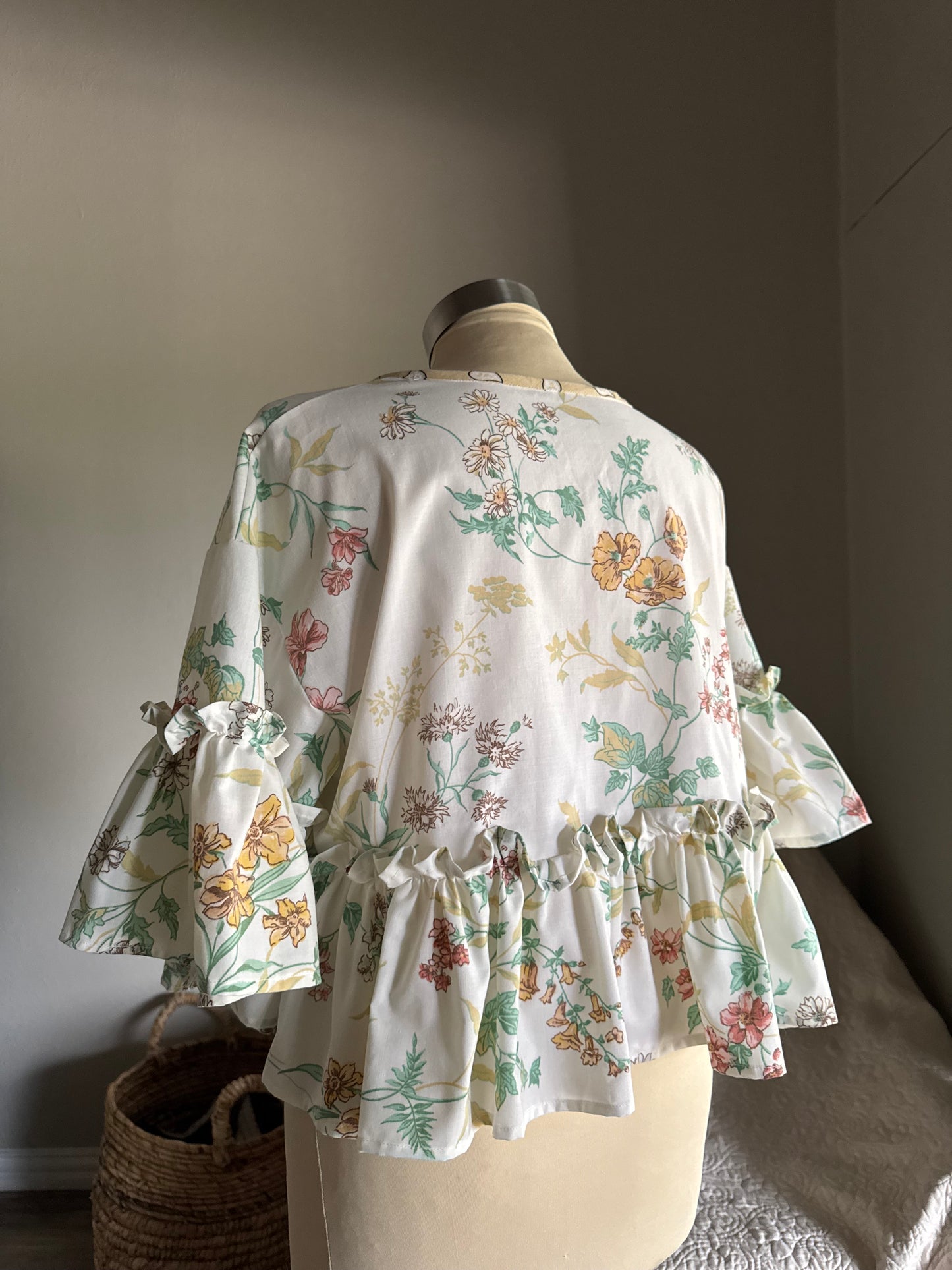Joycie Vintage Cotton Handcrafted Floral Ruffle Tie Top