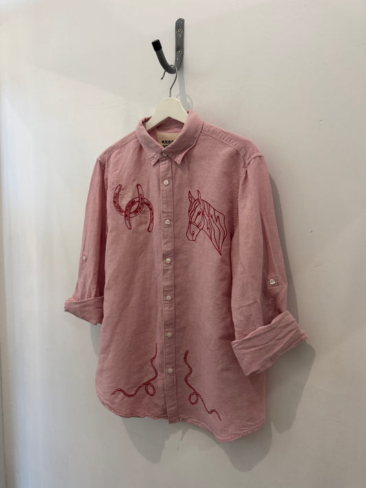 Jaxson Handcrafted Embroidered Button Down Linen Shirt In Blush