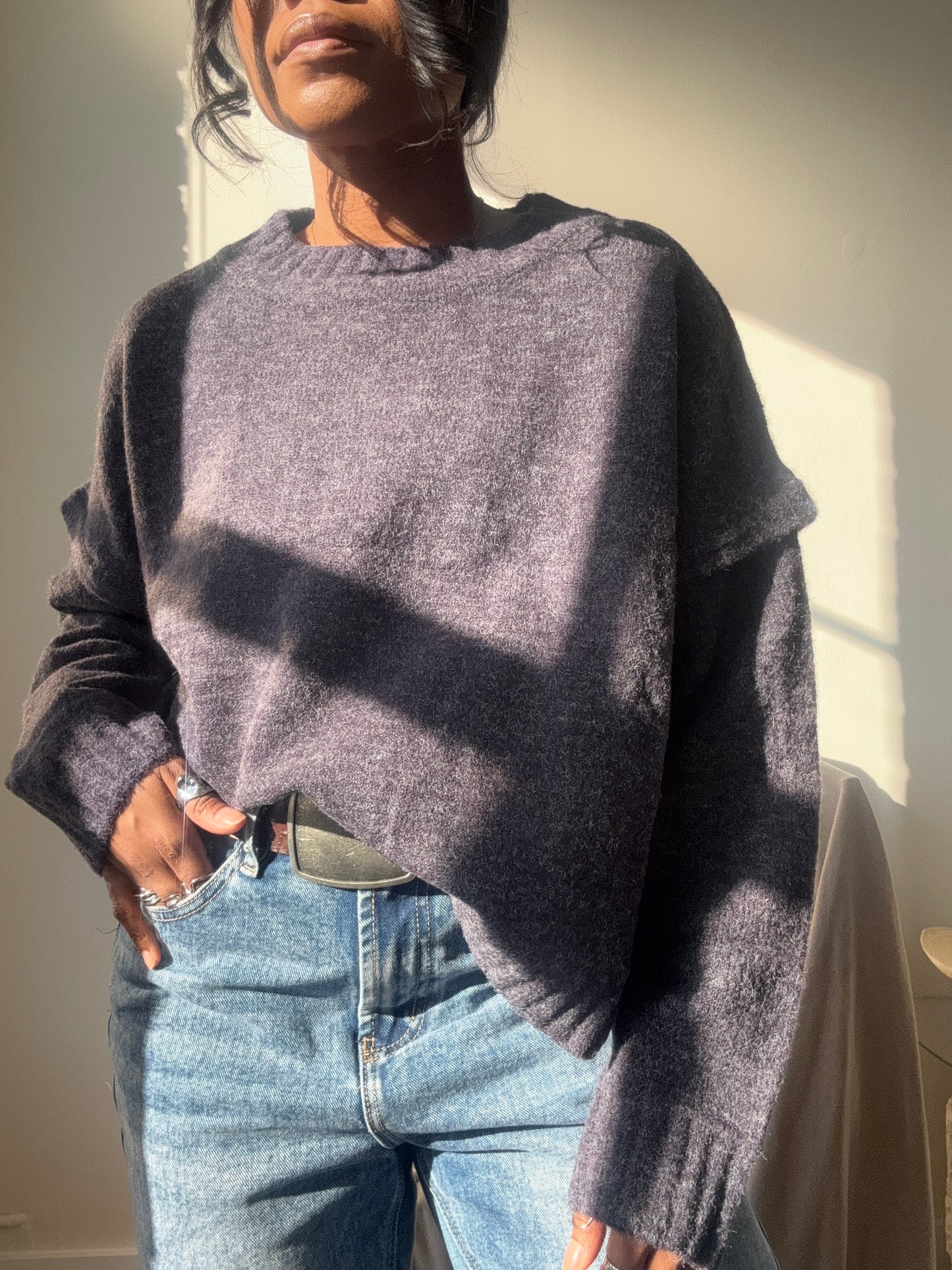 Micah Drop Shoulder Crop Pullover Sweater In Vintage Charcoal