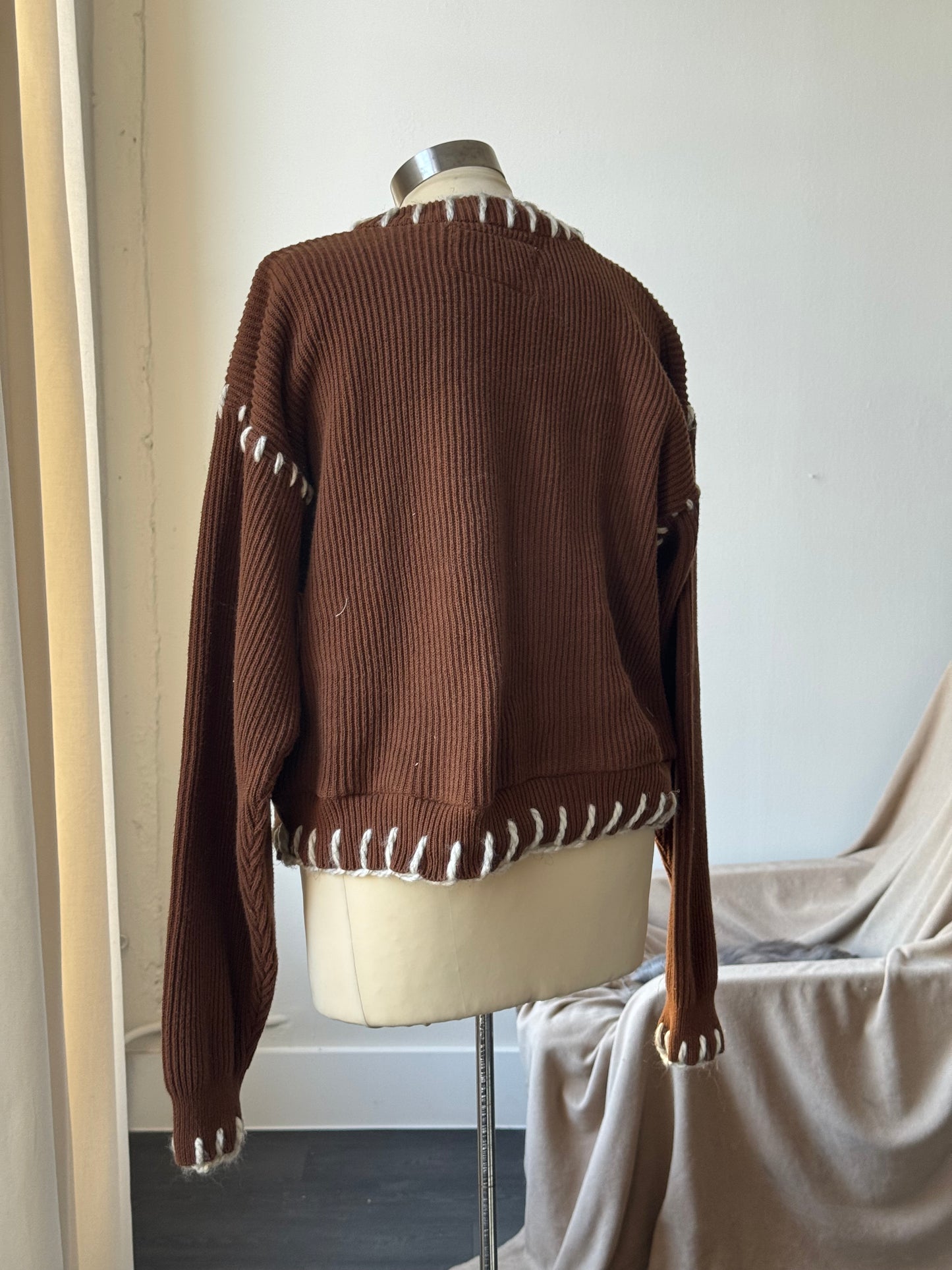 Sloppy Joe Handcrafted Cowboy Blanket Stitch Chunky Sweater In Brown