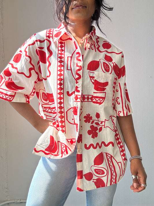 Harper Cotton Short Sleeve Button Down Shirt In Natural Red