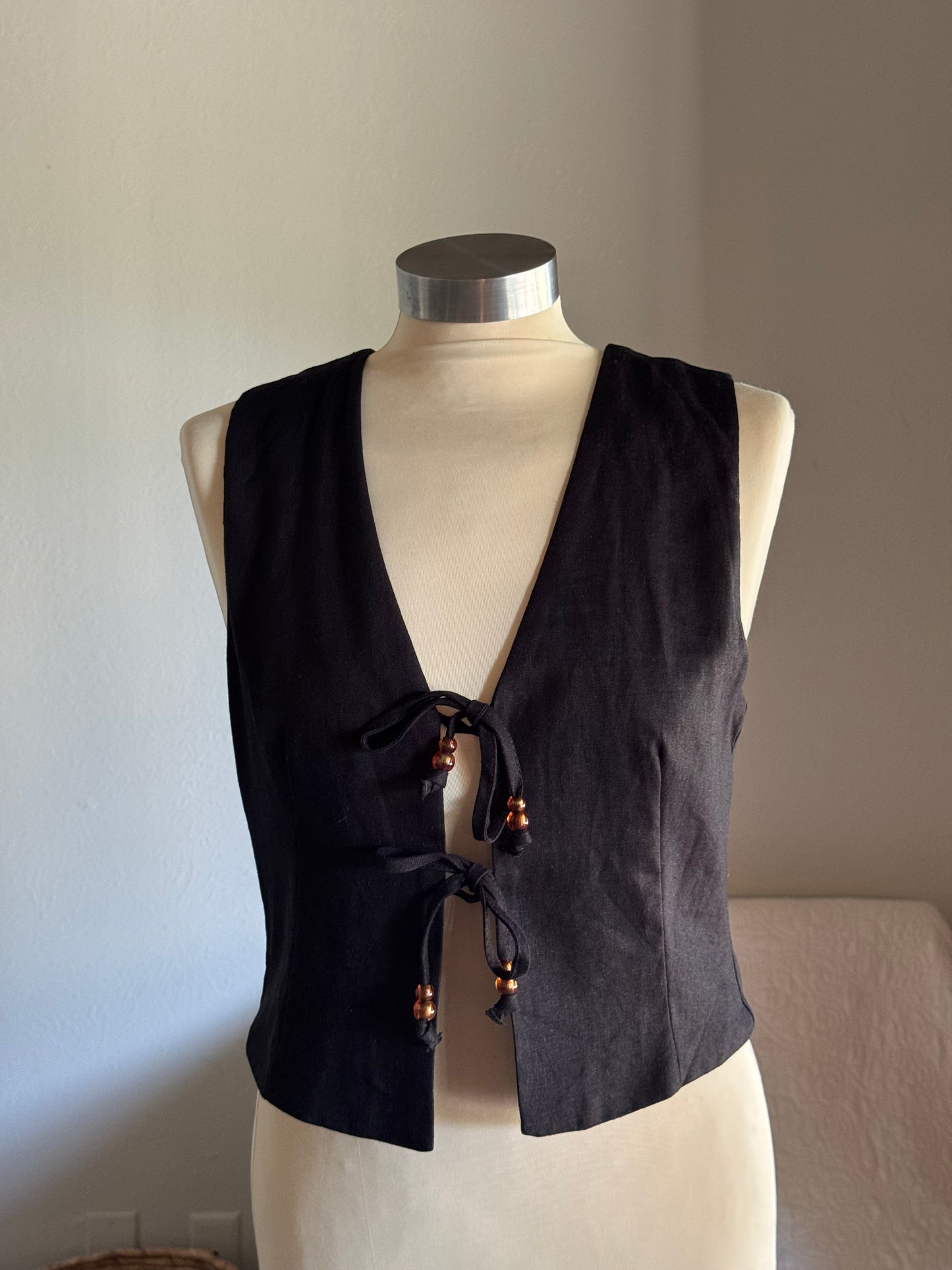 Jolene Linen Tie Front Bead Vest In Black