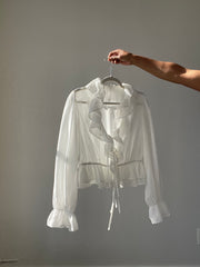 Carly Ruffle Sheer Balloon Sleeve Top In White