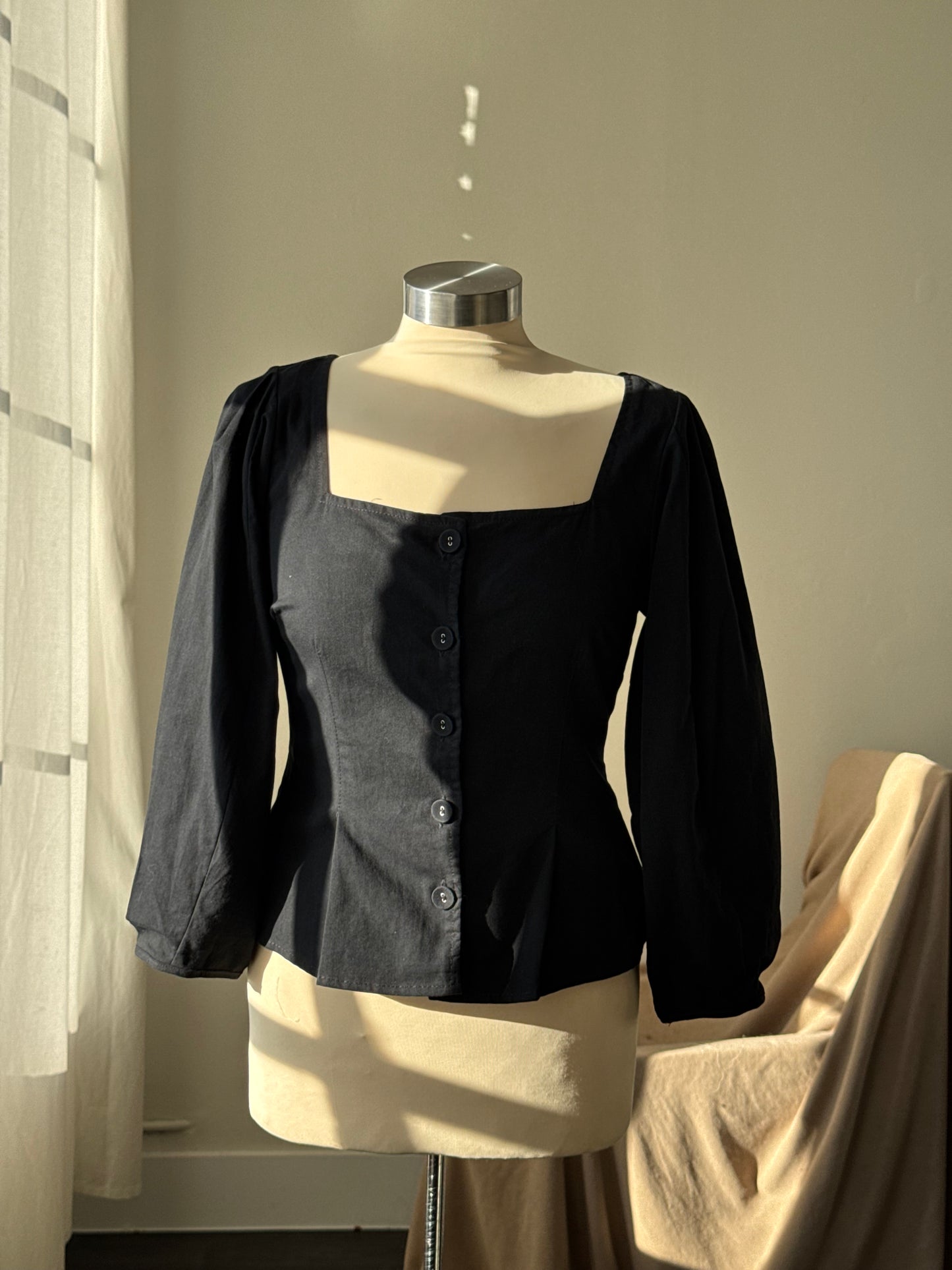 Joan Cotton Button Front Top In Black