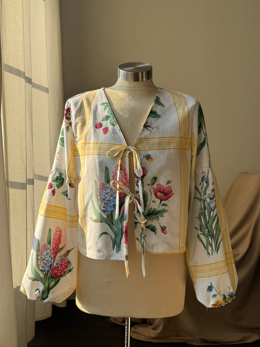 Brenda Faye Handcrafted Vintage Lantern Sleeve Tie Front Top