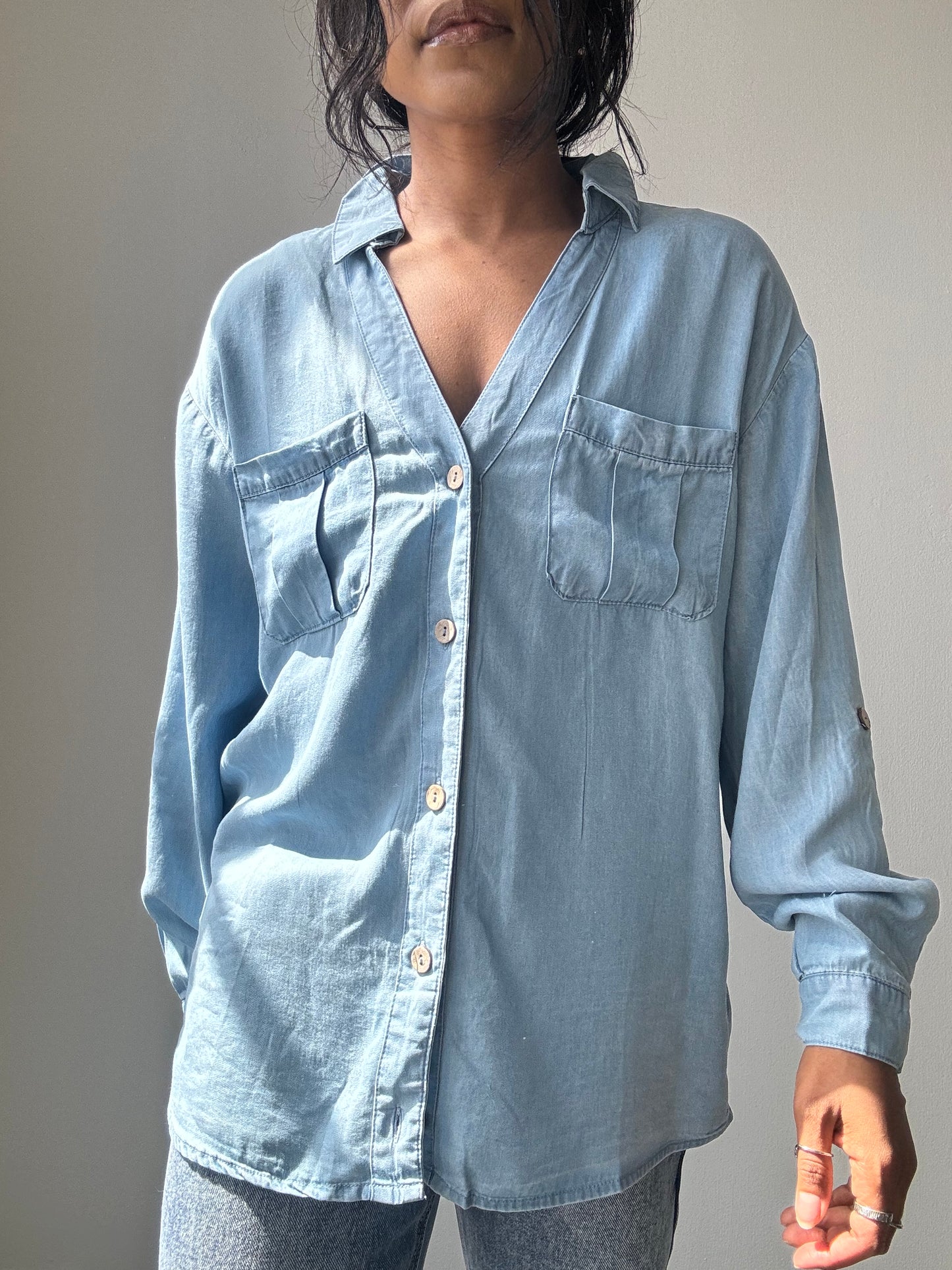 Jake Tencel & Cotton Button Down Shirt In Light Denim