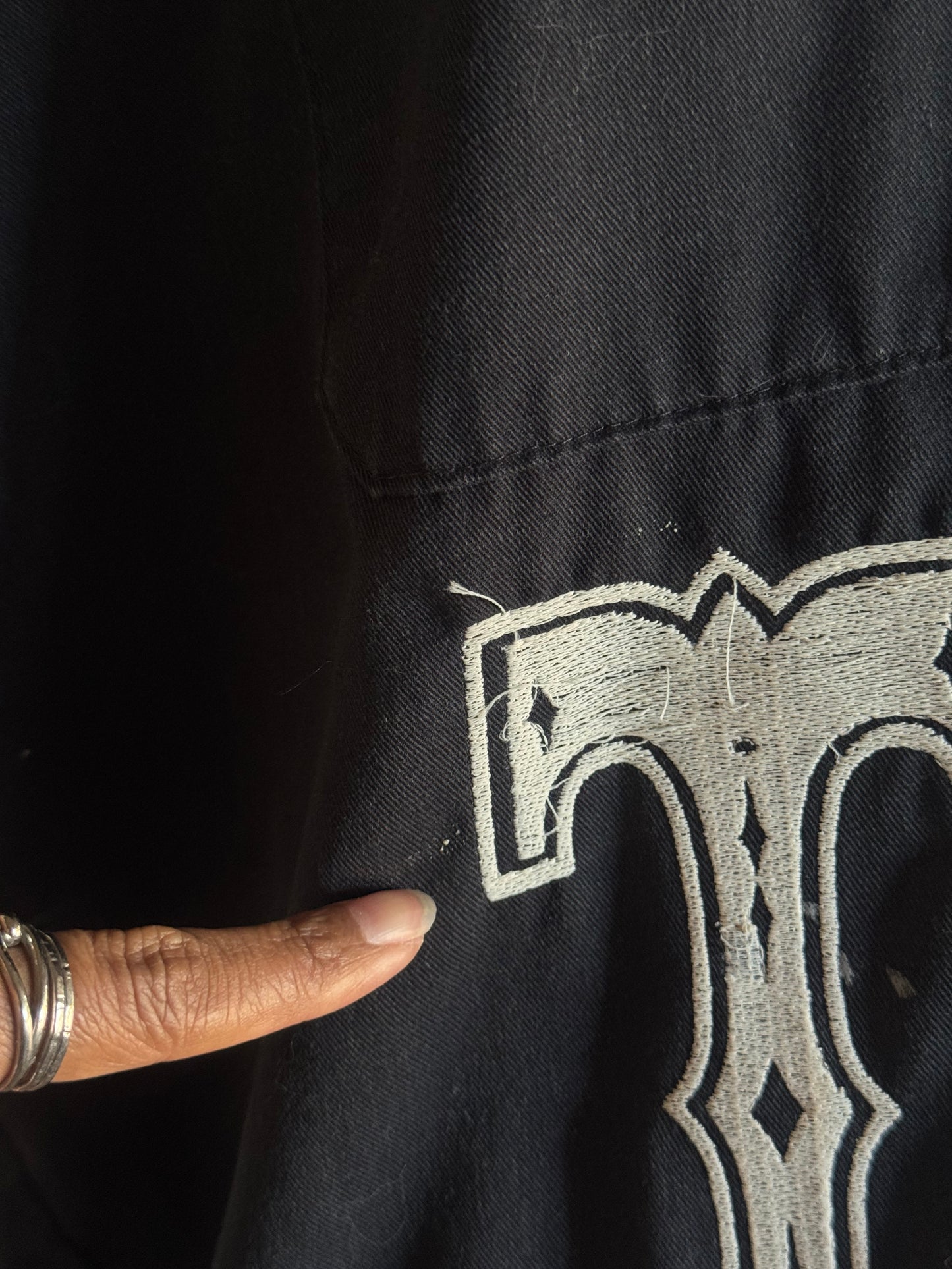 O.L. Handcrafted Embroidered Unisex Cropped Button Down In Vintage Black