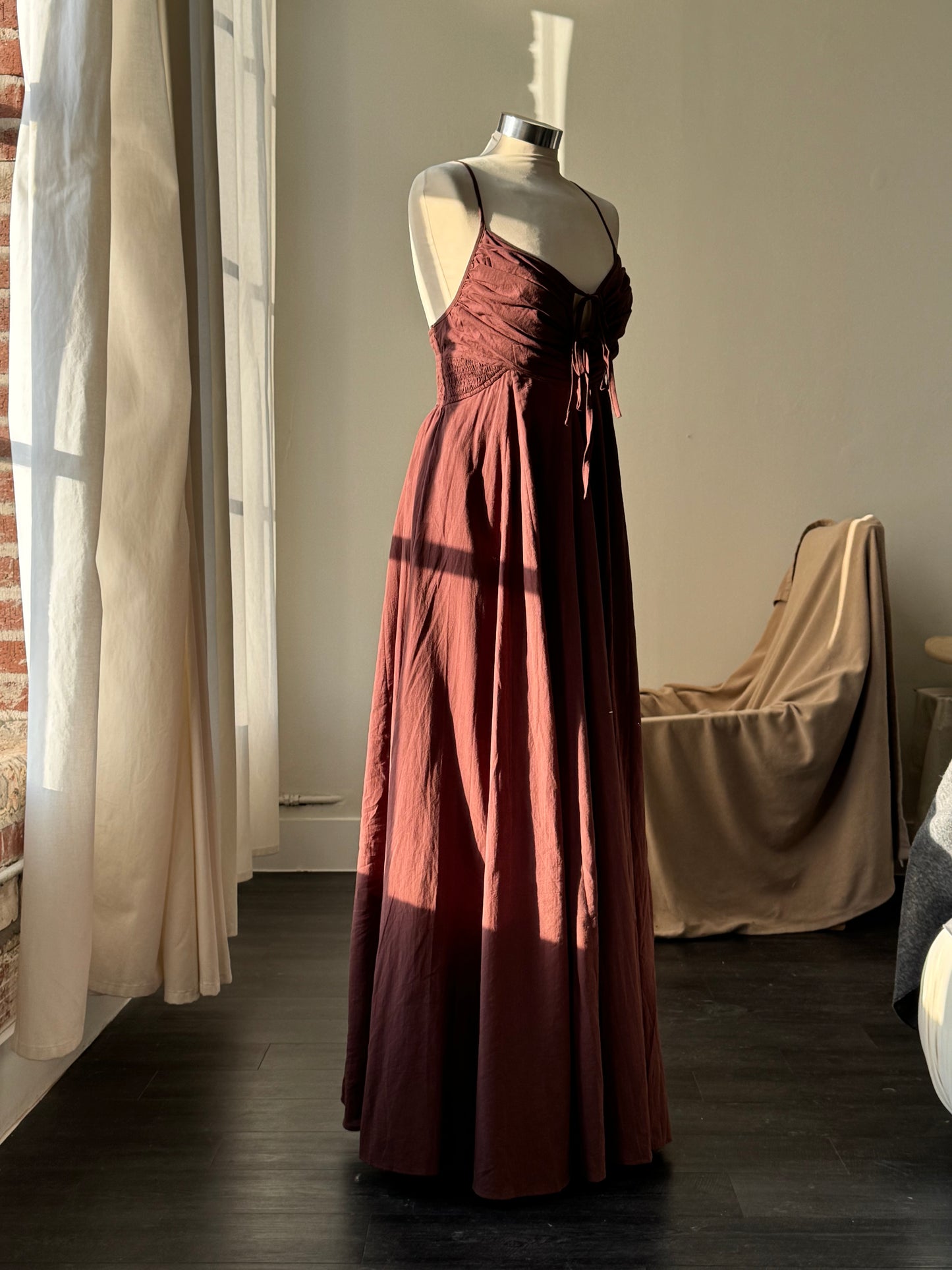 Camilla Cotton Open Back Maxi Dress In Chocolate Brown