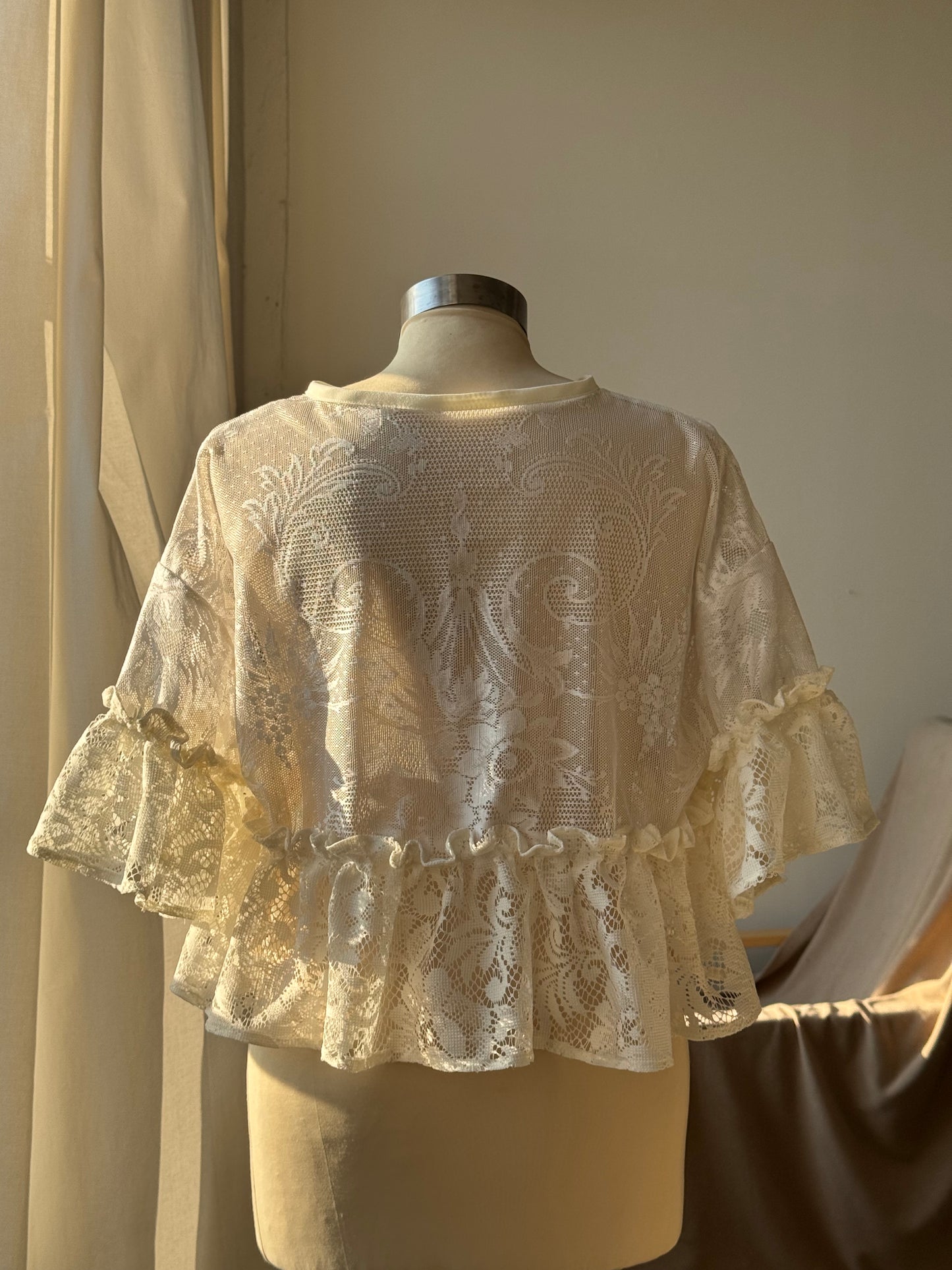 Eliza Two Tone Vintage Lace Handcrafted Ruffle Top In Ivory