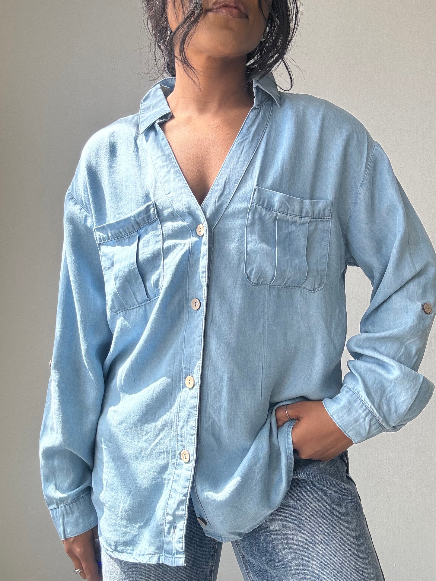 Jake Tencel & Cotton Button Down Shirt In Light Denim