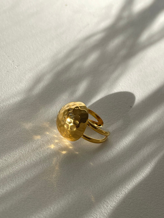 Hammered Dome Stainless Steel Statement Ring In 18k Gold Plated