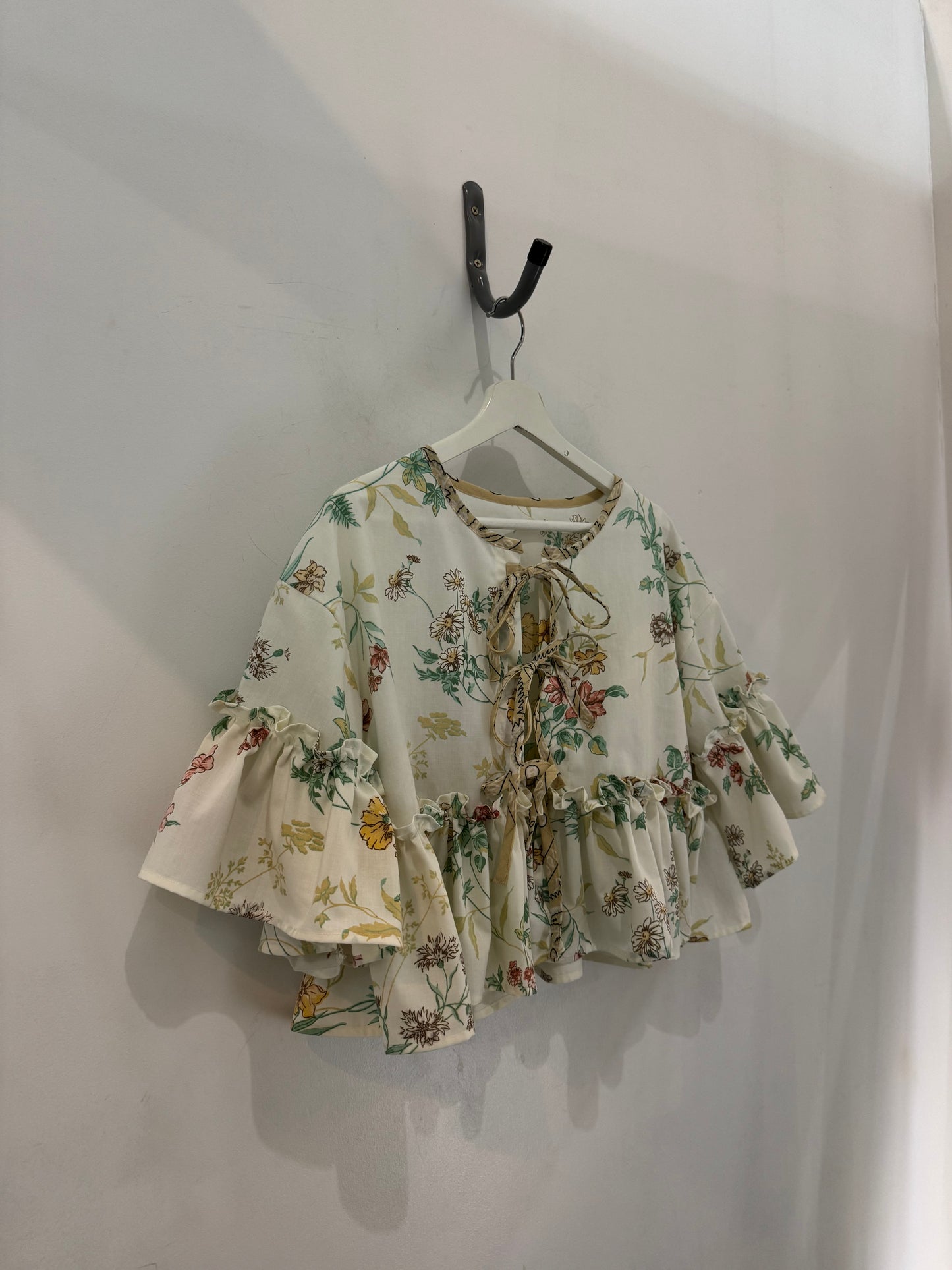 Joycie Vintage Cotton Handcrafted Floral Ruffle Tie Top