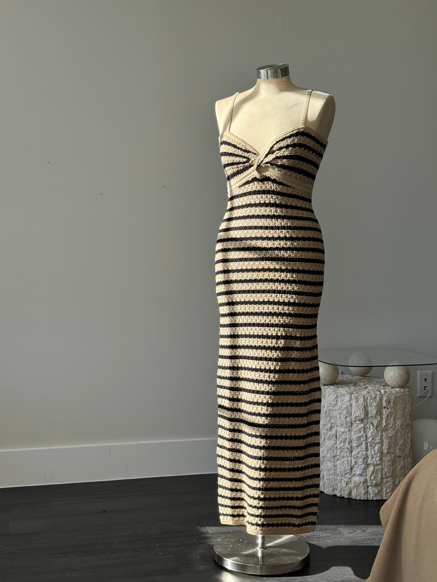 Hanna Cotton Crochet Striped Maxi Dress In Black & Taupe