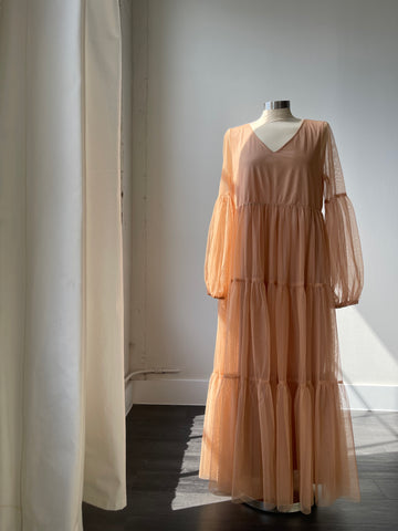 Brandi V Neck Sheer Balloon Sleeve Maxi Dress In Clay