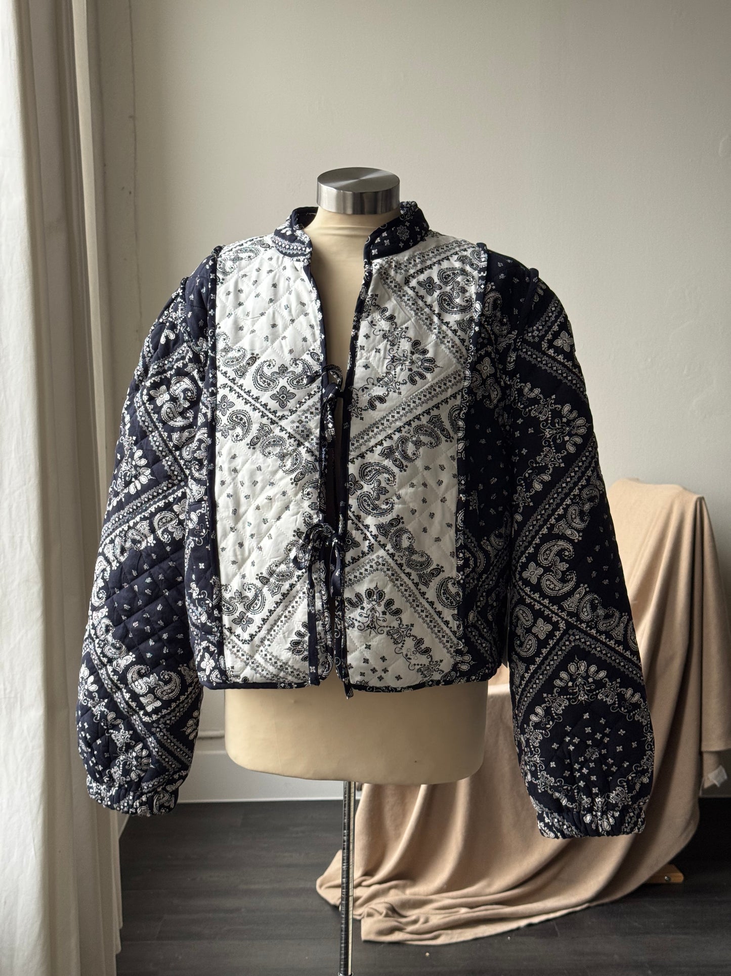 Judith Cotton Classic Bandanna Tie Front Jacket In Midnight Navy