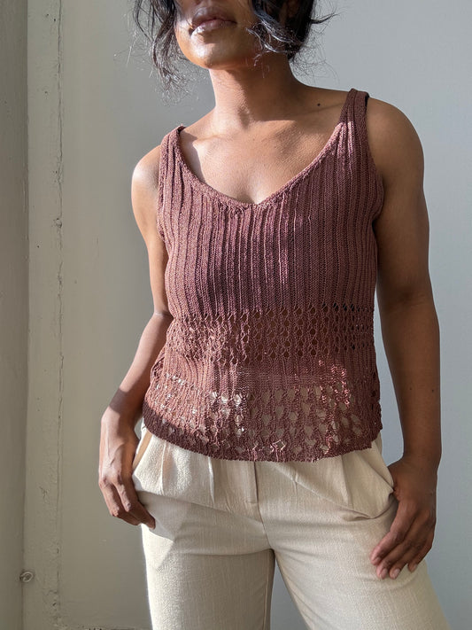 Perry Crochet Knit Tank Top In Brown
