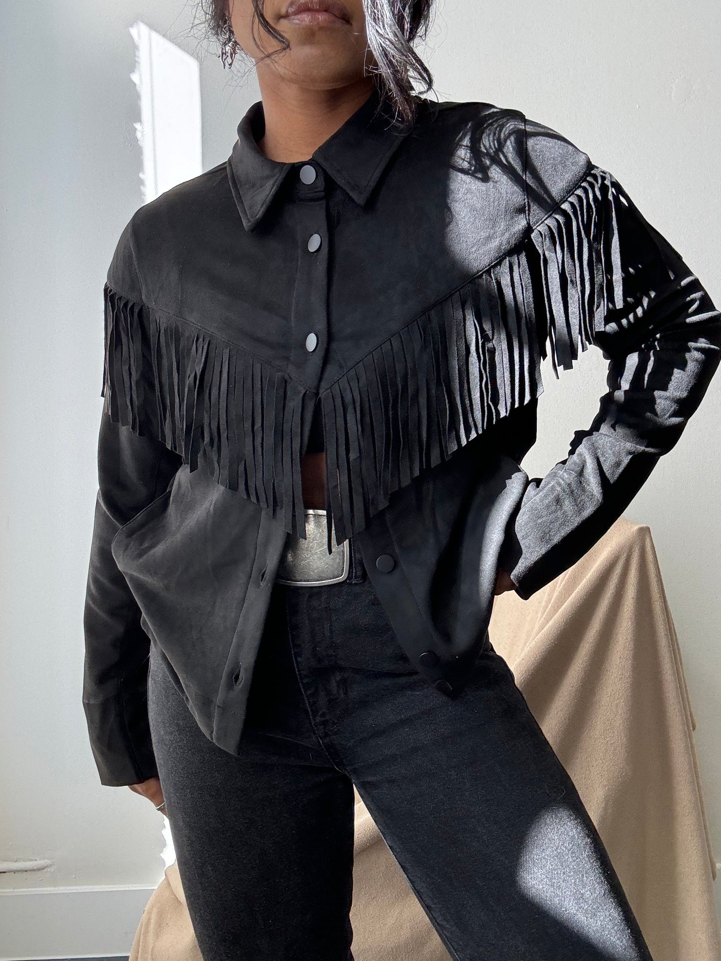 Brooks Cropped Fringe Suede Modern Western Shacket In Black