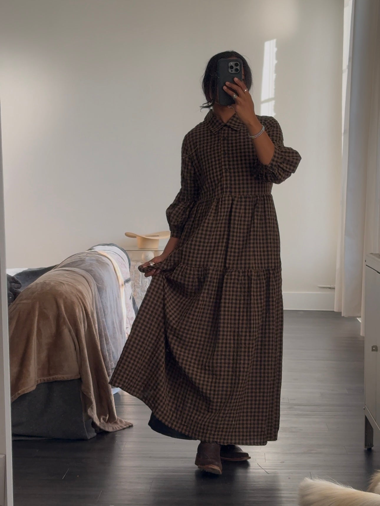 Jacqueline Cotton Gingham Maxi Dress In Olive Brown