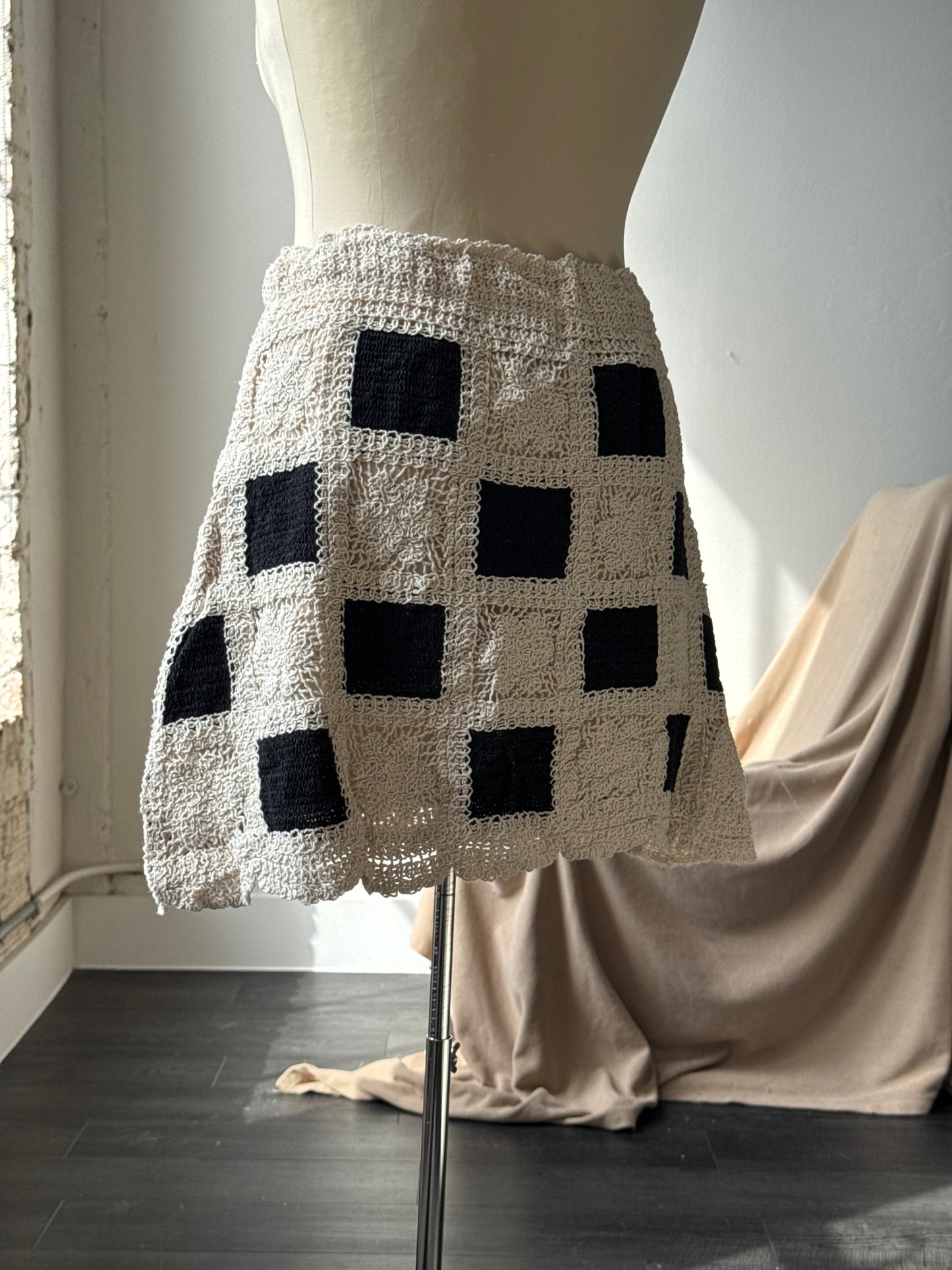 Katie Cotton Crochet Check Mini Skirt In Black