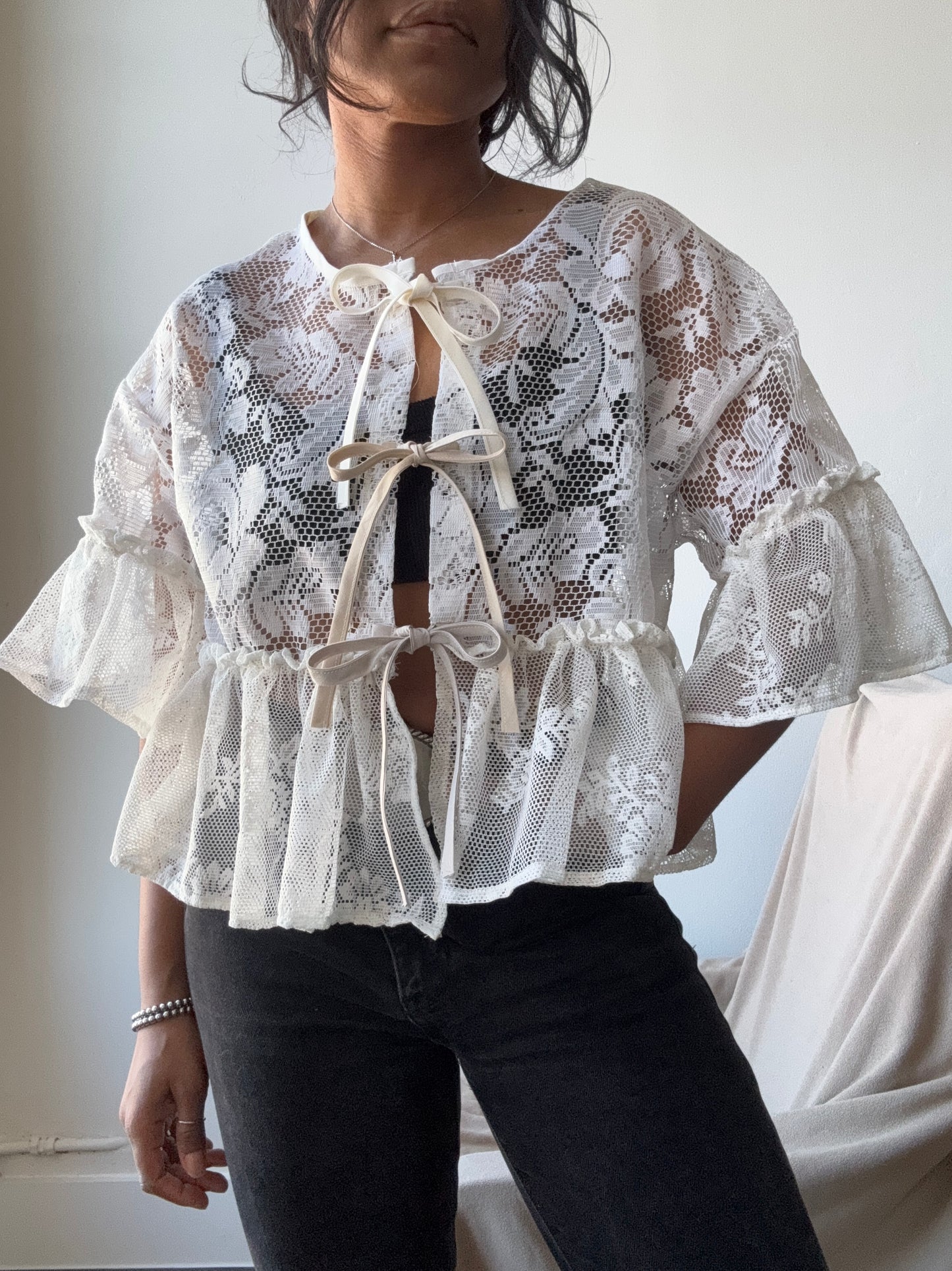 Eliza Vintage Lace Handcrafted Ruffle Top In Napoleon