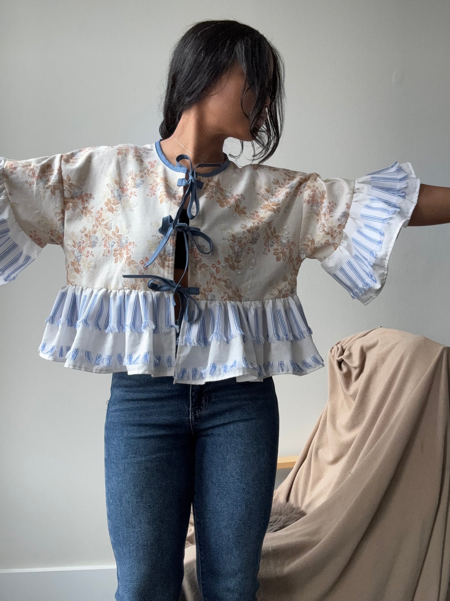 Joycie Cotton Handmade Floral & Fringe Ruffle Top In Vintage Blue