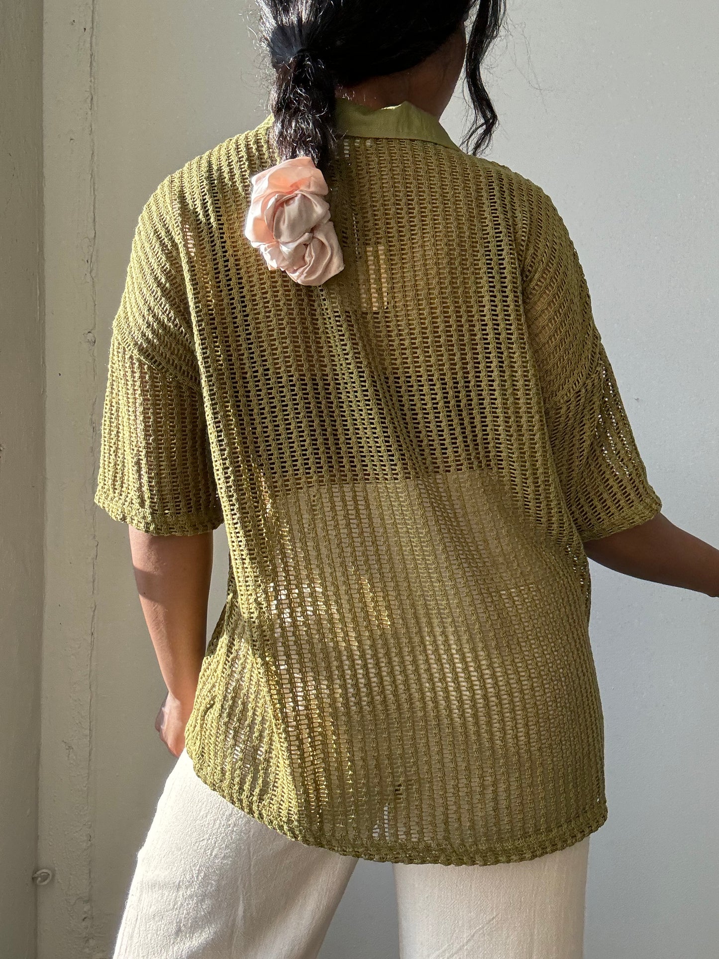 Marsha Crochet Short Sleeve Button Down In Avocado