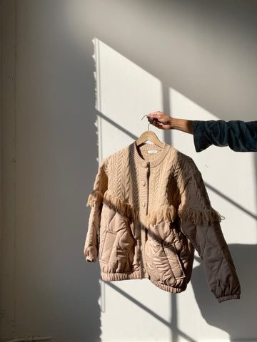 Carson Quilted Cable Knit & Fringe Jacket In Sand