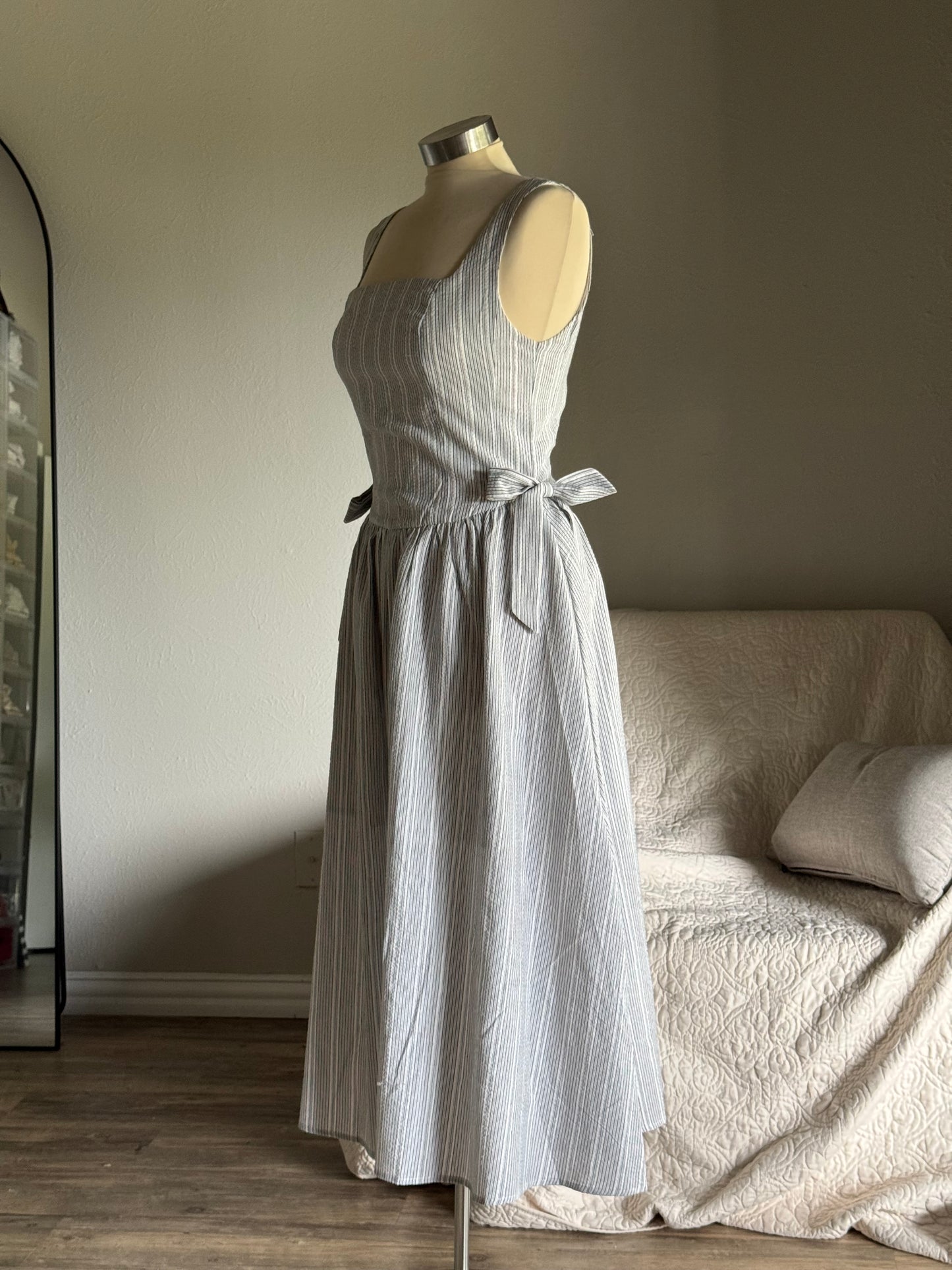 Harly Cotton Striped Side Tie Midi Dress In Ash￼