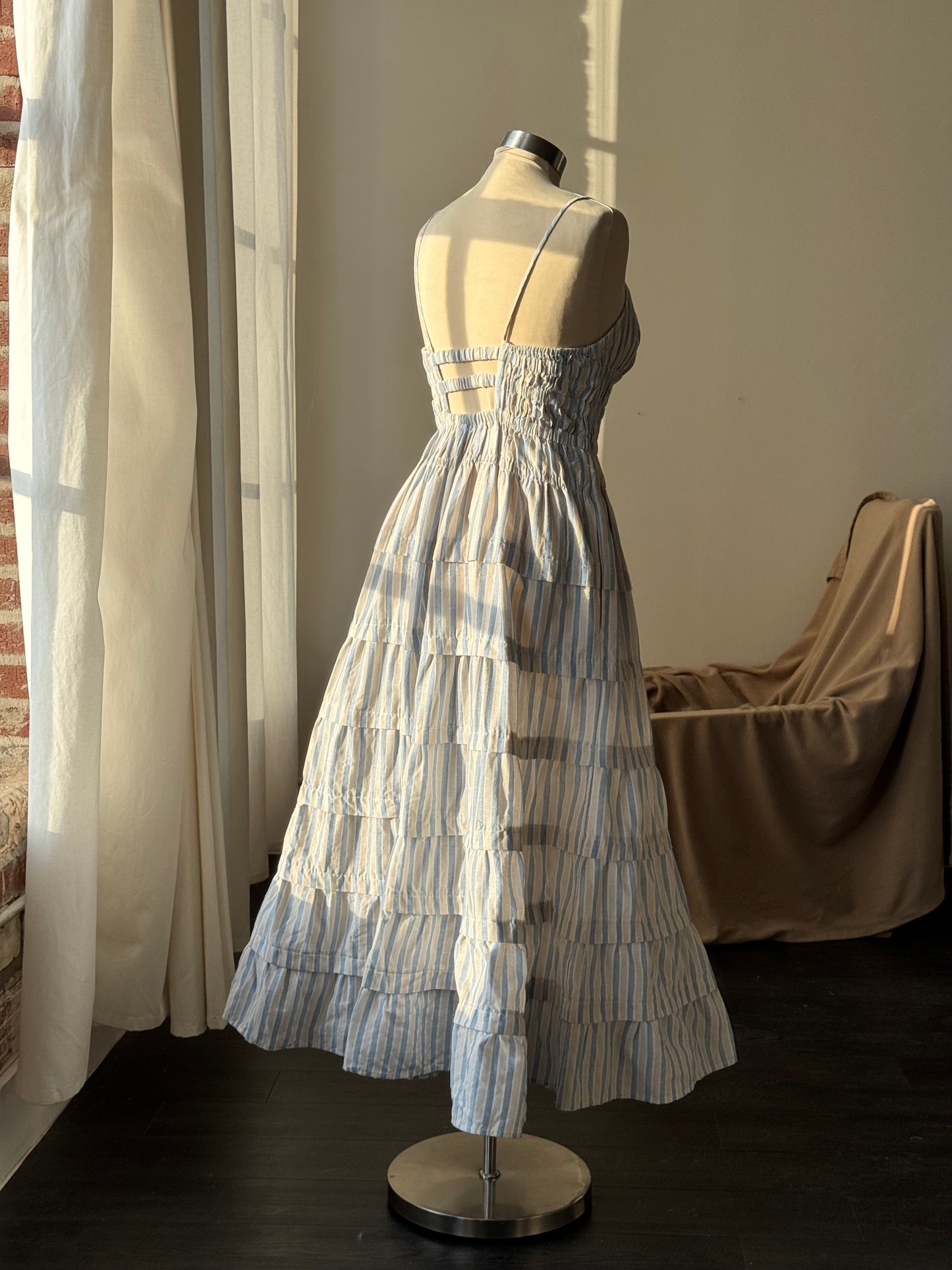 Laura Cotton Tiered Striped Midi Dress In Powder