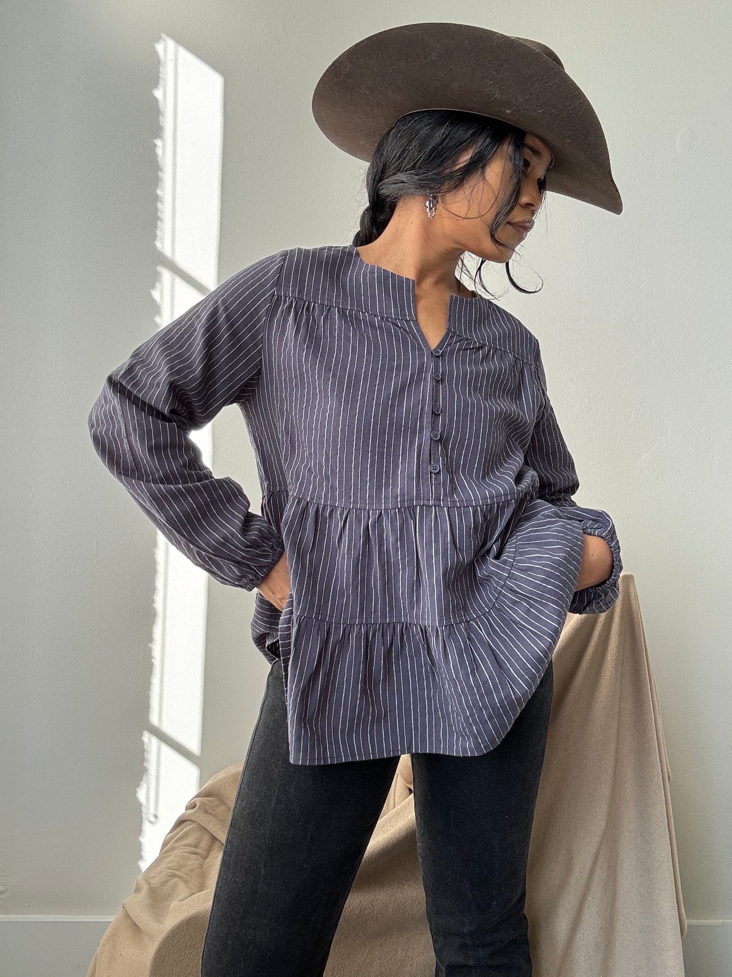 Danny Cotton Tiered Striped Tunic In Vintage Navy