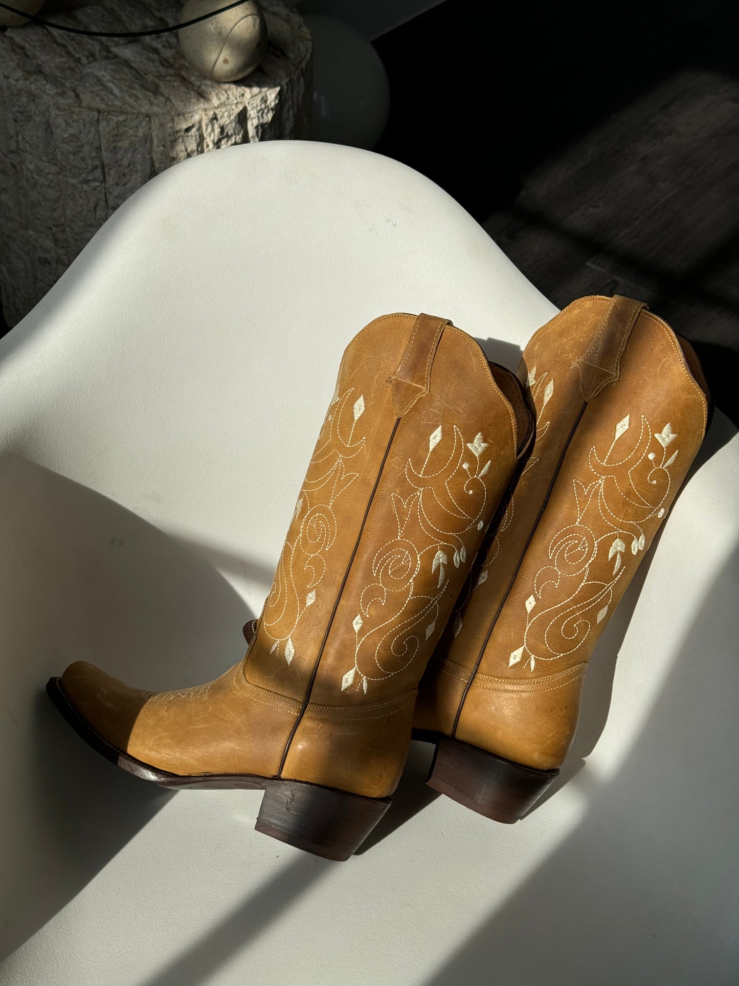 Sadie Genuine Leather Floral Cowboy Boot In Desert Tan