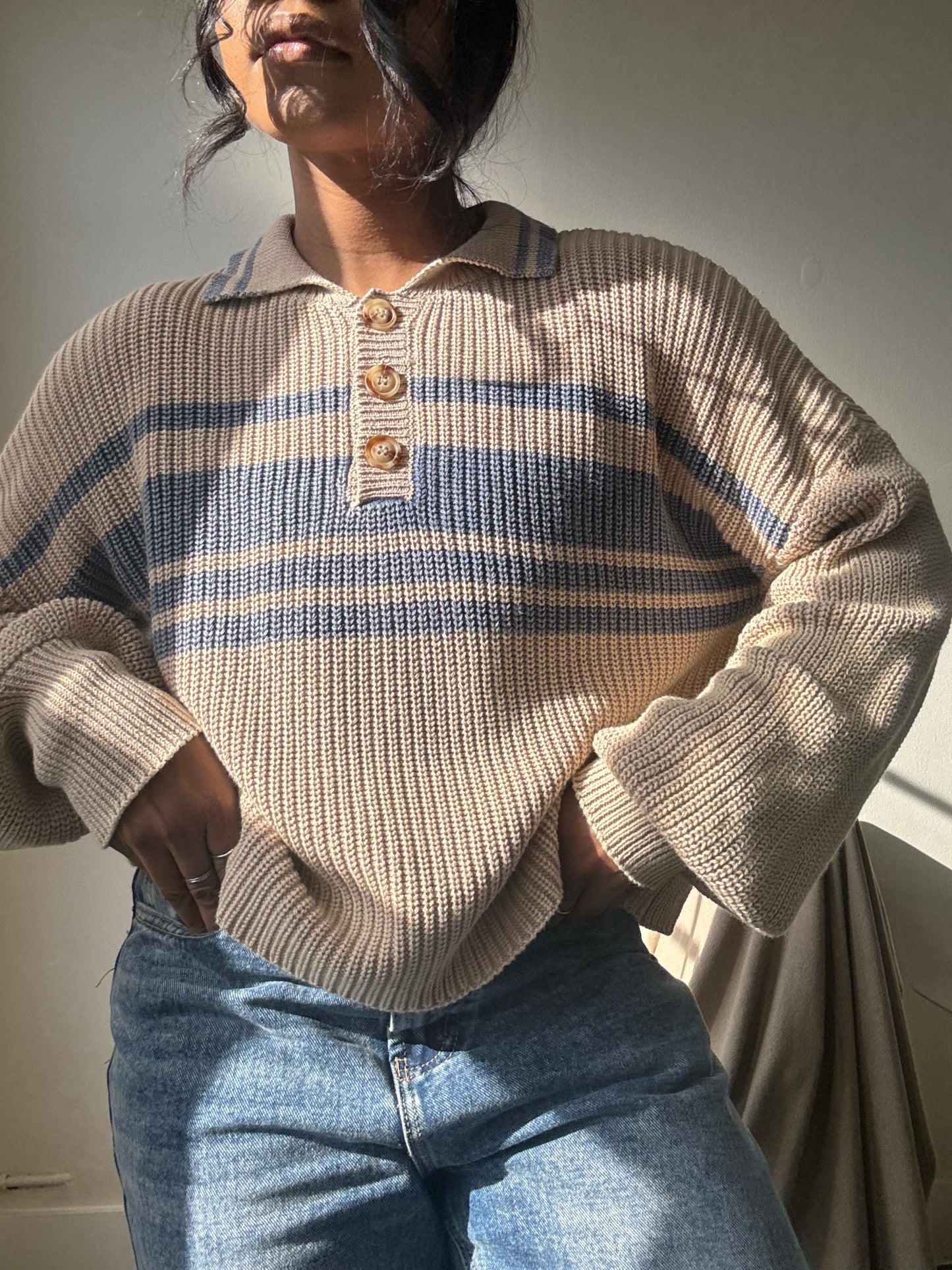 Malcolm Cotton Classic 90s Style Cropped Sweater In Vintage Blue